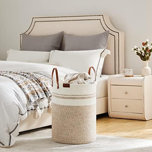 VIPOSCO 58L Tall Woven Rope Laundry Hamper, Leather Handles, Brown & White - Image 4