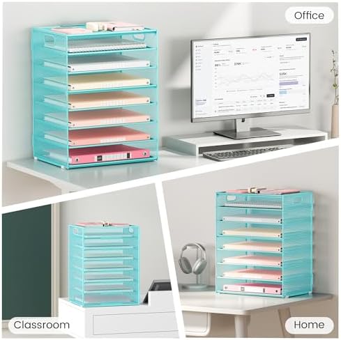 Lavatino 8-Tier Office Desk File Organizer, Letter Tray Paper Organizer with Handle, Including 5 Adjustable Slide Trays for Organizing Desktop Workspace Accessories and Supplies (Blue Metal Mesh) - Image 5