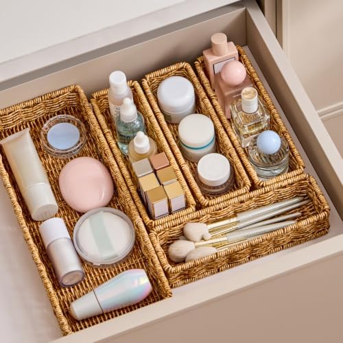 Berdeng Kitchen Drawer Organizer for Utensils, Silverware Tray Cutlery Organizer, PE Rattan Handwoven Storage Basket with Iron Frame, 2-Inch Fit for Shallow Drawers, 15" x 6" x 2" (Set of 3) - Image 7