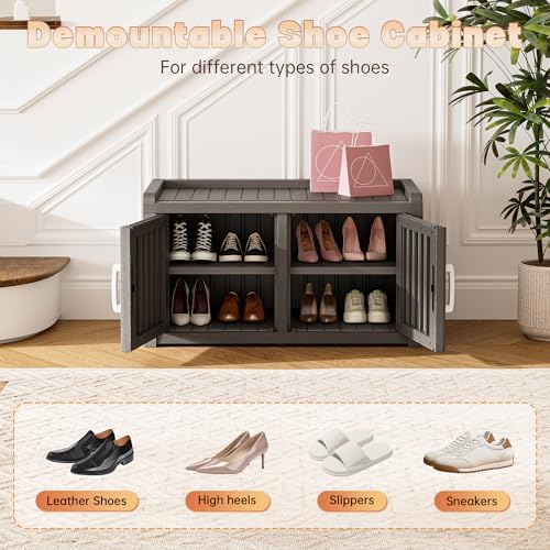 2-Tier Storage Bench, Waterproof UV-Resistant Outdoor Shoe Storage Cabinet with 2 Doors & Adjustable Shelves for Indoor Outdoor Entryway, Hallway, Living Room (Classic Grey) - Image 4