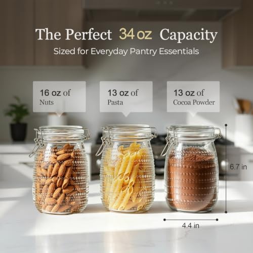 ComSaf Glass Pantry Jars with Airtight Lids 34 oz 6 Pack Wide Mouth Hobnail - Image 4