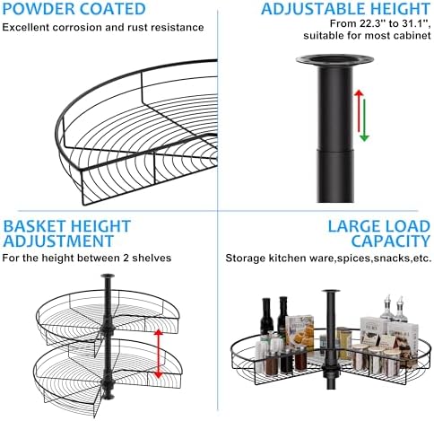 Corner Cabinet Lazy Susan, HANKEY Kitchen Corner Cabinet Organizer with 360° Rotating Metal Turntable，2-Tier Kidney-Cut Shaped Lazy Susans with 22.3~31.1in Height Adjustment,Black - Image 5