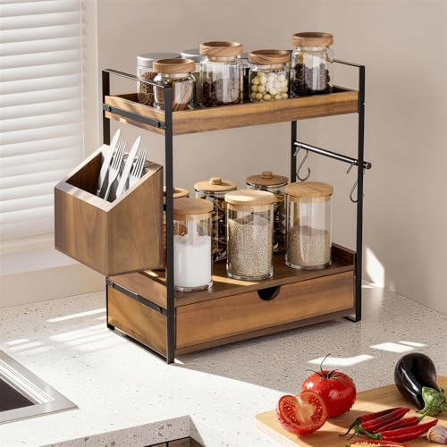 2-Tier Bathroom Counter Organizer, Acacia Wood Vanity Shelf with Drawer - Image 5