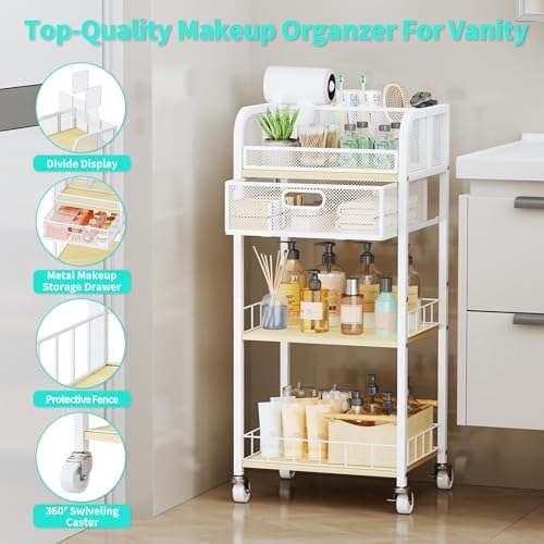 HapiRm Makeup Organizer Storage Cart - Floor Skincare Make Up Organizers with 4 Drawers, Rolling Makeup Cart Vanity Organizer Cosmetics Display Cases Holder for Skin Care Nail Polish Pure White - Image 5