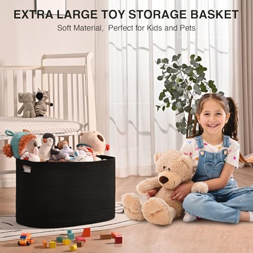 ICERZCZ Large Black Blanket Basket, Storage Baskets for Blankets, Woven Baskets for Storage, Woven Cotton Rope Basket for Toys, Clothes, Shoes, Books, Black, 25”x16”x16” (105L) - Image 5