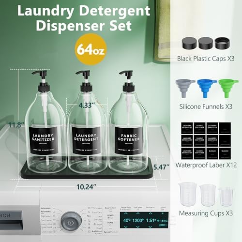 Moforoco 3 Pack Black Liquid Laundry Detergent Dispenser with Bamboo Tray, 64 Oz Plastic Laundry Soap Dispenser, Fabric Softener Dispenser with Pump and Labels for Laundry Room Decor and Organization - Image 7