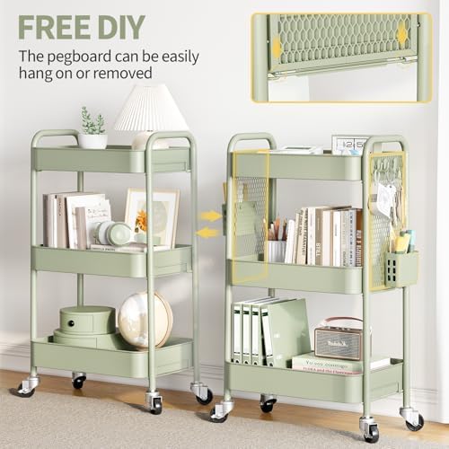 TOOLF 3 Tier Rolling Cart, Metal Utility Storage Cart with Pegboard, Green - Image 3