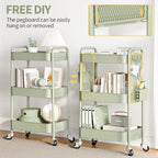 TOOLF 3 Tier Rolling Cart, Metal Utility Storage Cart with Pegboard, Green - Image 3