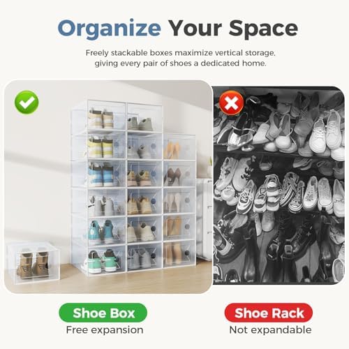 OLIXIS Shoe Storage Boxes, 15-Pack Clear Stackable Shoe Organizers with Lids, Sneaker Display and Storage Containers for Closet, Under Bed, Entryway, White - Image 6