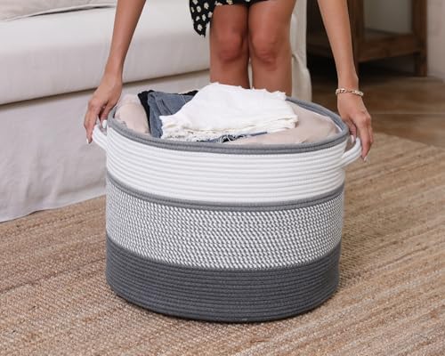 20x15 Inch Extra Large Round Cotton Rope Storage Basket with Lid, Decorative Woven Bin with Cover for Living Room Bedroom Closet, Grey Mix & Dark Grey - Image 7