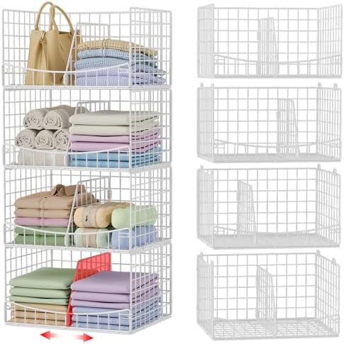 Hongtamoya 4-Tier Closet Organizers and Storage Basket with Divider, Foldable Closet Shelf Organizer System, Space-Saving Clothes Storage Drawer Organizer Bins for Wardrobe Cupboard, White by Hongtamoya