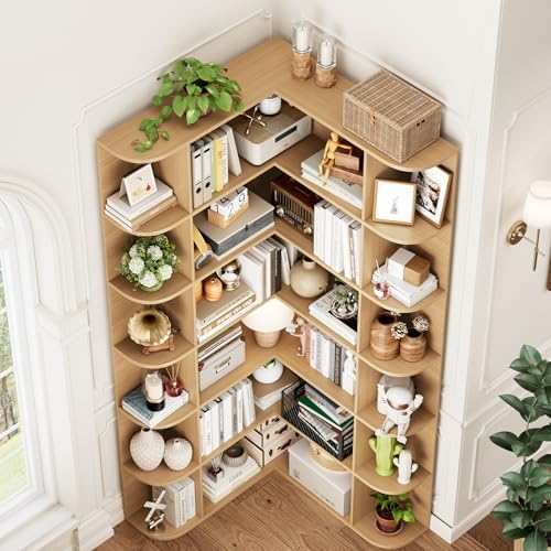 FOTOSOK 72" Tall Corner Bookshelf, 6-Tier Bookshelf and Bookcase, Natural - Image 4