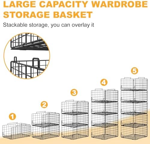 Jakyitvi 5-Tier Stackable Closet Organizer Shelf – Foldable Metal Storage Bins for Clothes, Sweaters & Towels | Stylish Black Wire Baskets for Bedroom, Wardrobe, Dorm or Entryway - Image 4