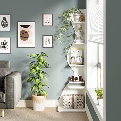 Tribesigns Corner Shelf, Modern 5-Tier Wall Corner Bookshelf, Stylish Corner Small Bookcase Storage Rack Plant Stand with Unique Shape for Living Room, Home Office (White, 1PC) - Image 5