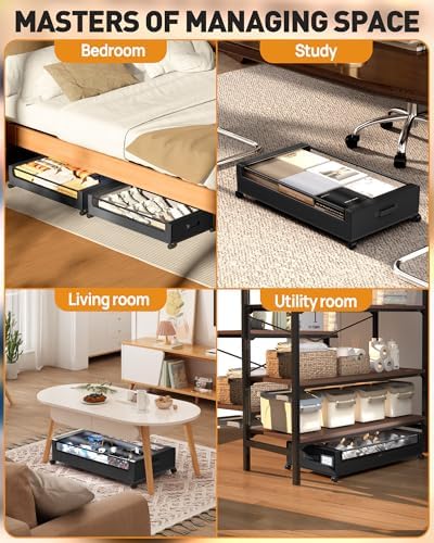 Under Bed Storage with Wheels, Square Under Bed Storage Containers, 4 Pack Under The Bed Storage Bins, 60L Under Organizer with Clear Lids, Rolling Underbed Storage For Clothes, Shoes... - Image 5