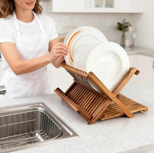 Utoplike Large Teak Dish Drying Rack, Wood Collapsible Organizer for Plates - Image 2