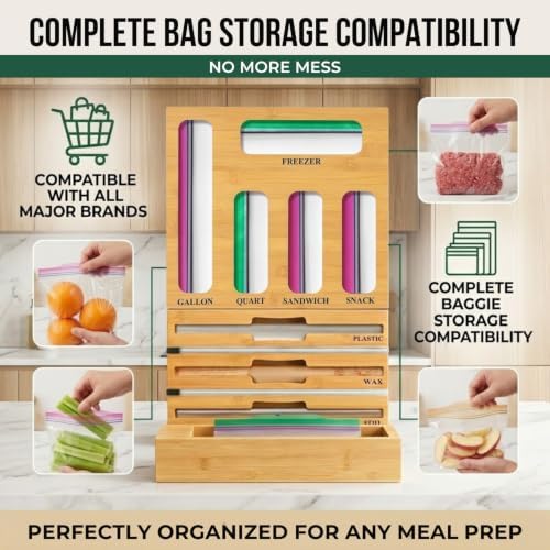Atlas Lane Supply 9 in 1 Bamboo Storage Bag Organizer for Kitchen Drawer, Bamboo Kitchen Drawer Organizer with Cutter, Foil and Plastic Wrap Dispenser, Storage: Gallon, Quart, Sandwich and Snack Bags - Image 6