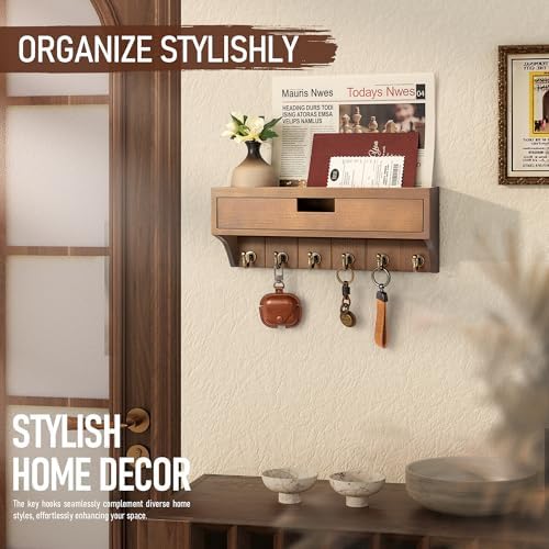 Rebee Vision Key Holder Wall Mount with Drawer for Home Decor, Brown - Image 2