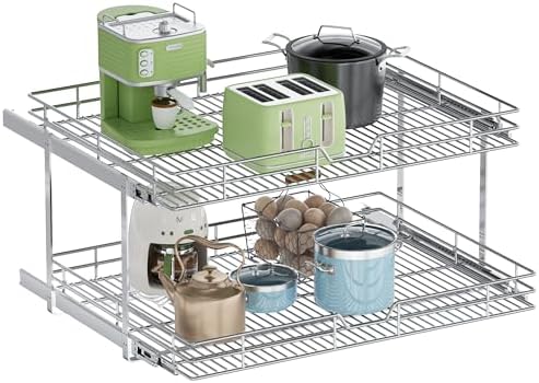 2-Tier Pull Out Cabinet Organizer, 30" W x 21.5" D, Heavy Duty Dual Slide Out Shelves for Wide Base Cabinets, Chrome Wire Basket Drawer for Pots, Pans, Pantry & Cleaning Supplies by Unknown