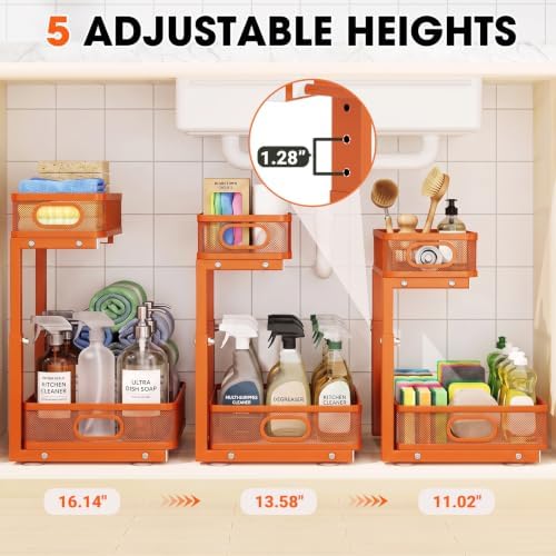 Under Sink Organizer 4-Pack, Metal 2-Tier Pull-Out Cabinet Shelf with Slide-Out Mesh Drawers, Height Adjustable, Space-Saving Under Sink Storage Racks for Kitchen, Bathroom, Laundry Room, Orange - Image 3