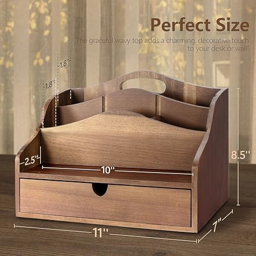 Rebee Vision Acacia Wood Mail Organizer for Desk with Drawer Entryway,Brown - Image 3