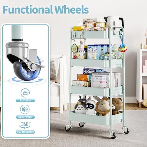 TOOLF 4 Tier Metal Rolling Cart, Utility Storage Cart with Wheels, Green - Image 3