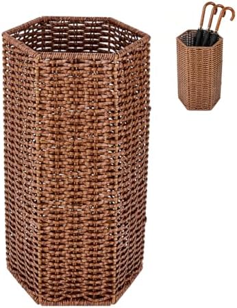 UNICRAFTALE 1pc Brown Handmade Wicker Umbrella Stand Hexagonal Woven Rattan Umbrella Holder with Storage Basket for Entryway and Bathroom 15.5x8.5x7.5 Inch by UNICRAFTALE