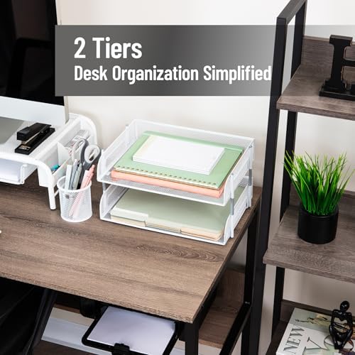 Mind Reader Stackable Paper Tray, Desktop Organizer, File Storage, Office, Metal Mesh, 13.5" L x 10" W x 7.25" H, 2 Pcs., White - Image 2