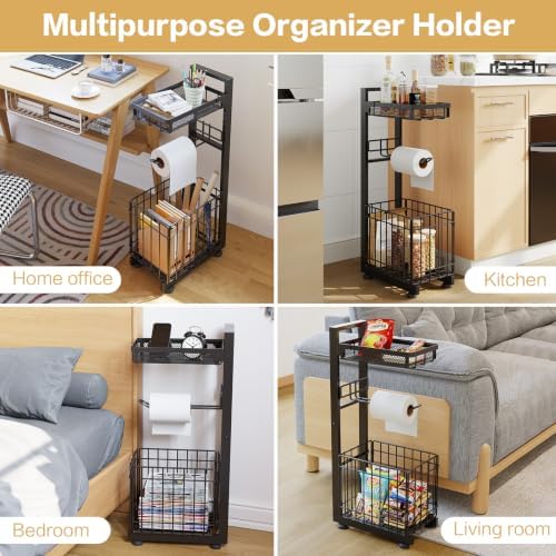 Toilet Paper Holder Stand with Storage Shelf (Black) - Image 3
