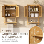 AmazerBath Bathroom Wall Cabinets, Bamboo Medicine Cabinet with Rattan Door, Over The Toilet Storage Cabinet with Towel Bar, Wall Mounted Cabinet with Adjustable Shelves for Small Spaces - Image 3