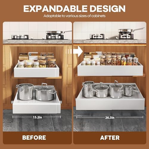Seinloes 4 Pack Expandable Pull Out Cabinet Organizer 21"Deep With Raising Pad for Framed Cabinets,Upgrade 3 Slide Rails Slide Out Drawers,Roll Out Shelves Adhesive,Adjustable Width 15.15"-26.3" White - Image 3