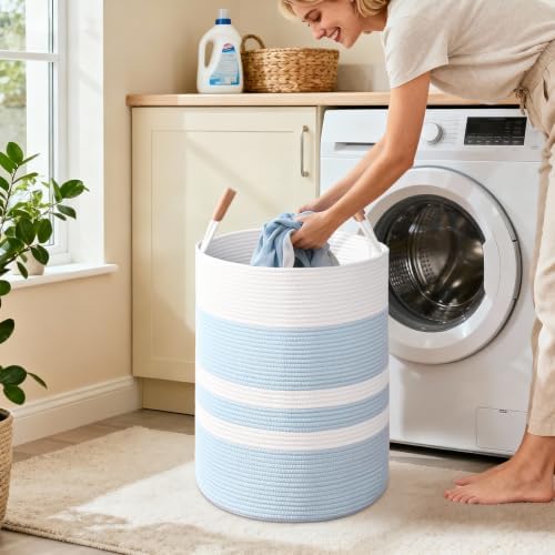 Large Laundry Basket, Laundry Hamper with Leather Handles, 90L Woven Dirty Clothes Hamper, Rope Hampers for Bedroom, Barthroom, Blue - Image 2