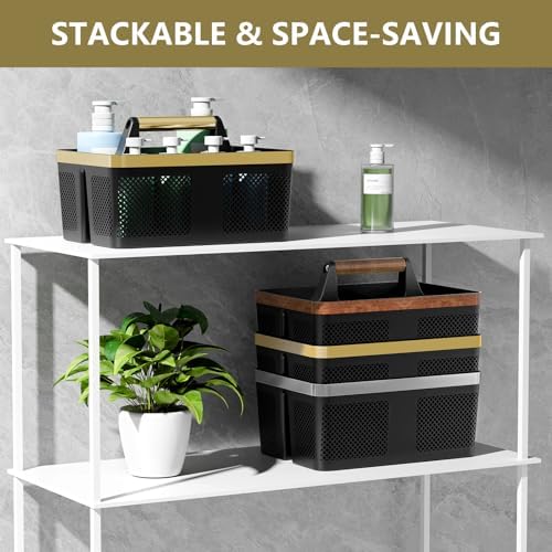 BYUNER Shower Caddy Dorm Men: Plastic Bathroom Caddy Organizer with Handle and Holes, Bath Caddy for College Dorm, Portable Shower Basket Tote for Toiletry, Travel, GYM, Camp Essentials Black/Gold - Image 4
