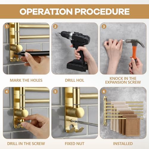 Teenyyou 20.4" Swivel Towel Rack 6 Arms 304 Stainless Steel Gold - Image 5