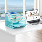 Lavatino Desk Paper File Organizer - Metal Mesh with 2 Letter Trays, 7 Flexible Dividers, 2 Vertical File Folder Holders for Office/Home/Classroom Supplies, Desk Organizers and Accessories, Blue - Image 4