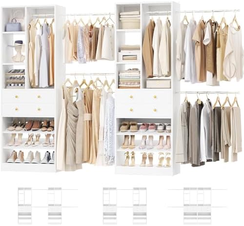 Besiost Closet System, Up to 134"/11.2 FT Closet Organizer with 4 Wooden Drawers and Shelves, Walk-in Closet System with 6 Hanging Rods, Built-in Closet Can Fit 96"/8FT, 120"/10FT, White Set 2 by Besiost