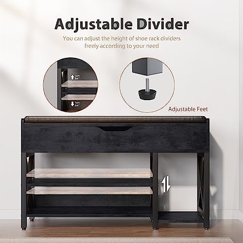 Shoe Bench, Lift Top Shoe Storage Bench, Adjustable Shelf Entryway Bench with Padded Cushion for Entry, Closet, Living Room, Hallway, 2-Tier Shoe Rack Organizer(Black, 39.5“W) - Image 5