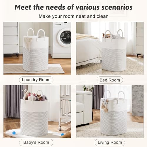 Laundry Basket,Woven Cotton Rope Laundry Hamper,Versatile Storage for Dirty Clothes,Baby Toys,and Blankets in Bathroom, Nursery,and Living Room (White, 100L) - Image 5