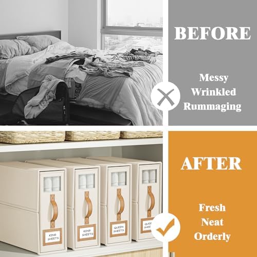 4 Pack Foldable Bed Sheets Set Organizers and Storage(King & Queen Size),Linen Fabric Closet Organizers with Window,Folding Bedding Storage Box for Bedsheets and Pillow Cube Organizer-Beige - Image 2
