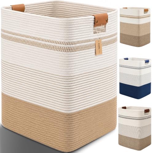 Laundry Hamper, Cotton Rope Laundry Basket with Leather Handles, 22.5-Gallon/85 L Large Clothes Hampers for Laundry, Woven Laundry Baskets for Blankets, Clothing, Bedroom, Living Room, Nursery by ARATECHOME