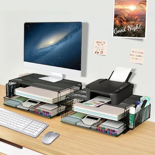 AUPSEN 2 Tier Computer Monitor Stands with Drawer and 2 Pencil Holder, Metal Monitor Stand Monitor riser, Computer Desk Organizer and Accessories for Laptop, Computer, Printer, Office Supplies(Black) - Image 5