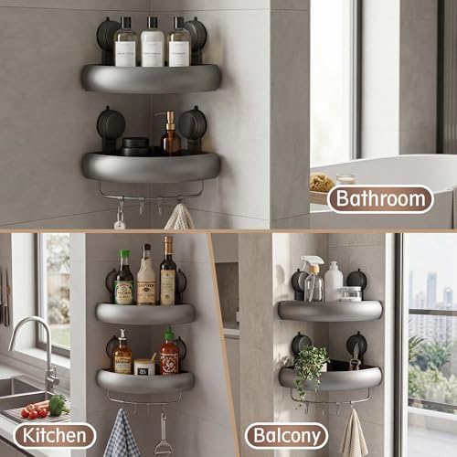 Shower Caddy Suction Cup（2-Pack Gray）, No-Drilling Corner Bathroom Organizer,Rust Proof Shower Shelf for Inside Shower with Removable Hooks & Towel Bar - Image 6