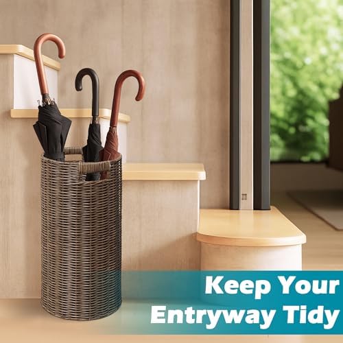 Rattan Umbrella Holder 21"H X 10"D, Handmade Wicker Umbrella Stand Indoor with Dip Tray, Sturdy Umbrella Holders for Entryway, Umbrella Bucket Fits Mudroom,Walking Canes,Home,Office (Brown) - Image 2