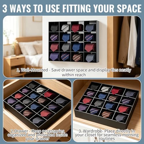 2 Pack Tie Box Organizer Wall Mounted Black Acrylic with 16 Compartments, Tie Organizer for Drawer, Tie Holder for Men Belt Scarf Necktie Storage for Closet and Home - Image 4