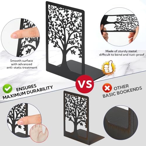 20 Pieces Book Ends for Shelves Heavy Duty Bookends Non-Skid Metal Book Holders Black Tree Design Modern Bookends for Shelves Office Home Decorative Book Stopper for Books CD(10 Pair) - Image 3