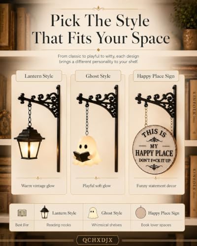 Library Lantern Decorative Bookshelf Lighting, Metal Bookend Shelf Insert with Hanging Lamp, Ghost or Happy Place Sign for Home Library, Reading Nook and Book Lover Decor(Ghost,2pcs) - Image 6