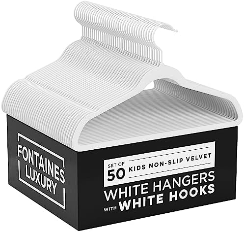 Fontaines Luxury Kid's White Velvet Felt Non Slip Clothes Hangers 50 Pack - Ultra Slim & Space Saving - Heavy Duty Swivel Black Hook for Children's Clothing, Shirt, Dress, Skirt & Pants Organization by Fontaines