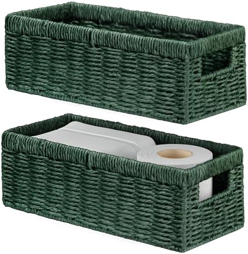 Vagusicc Wicker Storage Basket, Paper Rope Wicker Baskets with Handles, Toilet Paper Basket for Toilet Tank Top, Small Wicker Baskets for Organizing Shelves, 2-Pack, Green by Vagusicc
