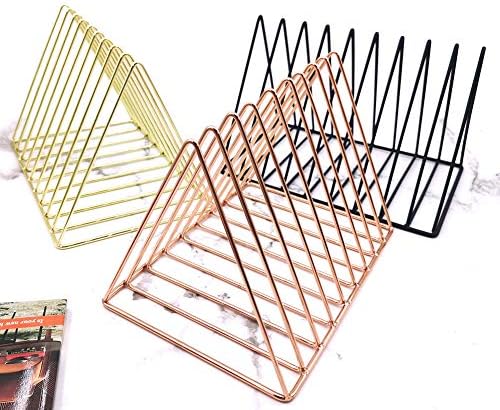 EASEPRES 9 Slot Magazine Rack Book Record Holder, Desktop Iron Storage Rack Bookshelf Multifunction Triangle File Organizer Sorter for Decor Home Office, Rose Gold Pack of 2 - Image 7