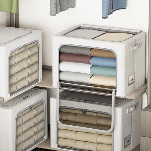 4 Pack Clothes Storage Bins with Metal Frame - 36L Stackable Storage Box with Lid，Foldable Storage Container Organizer for Clothes，Linen Fabric Storage Box with Clear Window＆Zippers＆Handles - Image 6